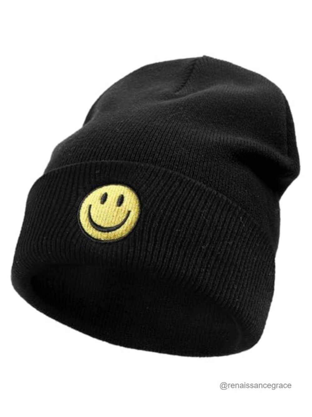 Smile Face Embroidered Cuffed Knit Winter Beanie Hat - Stretchable Cotton